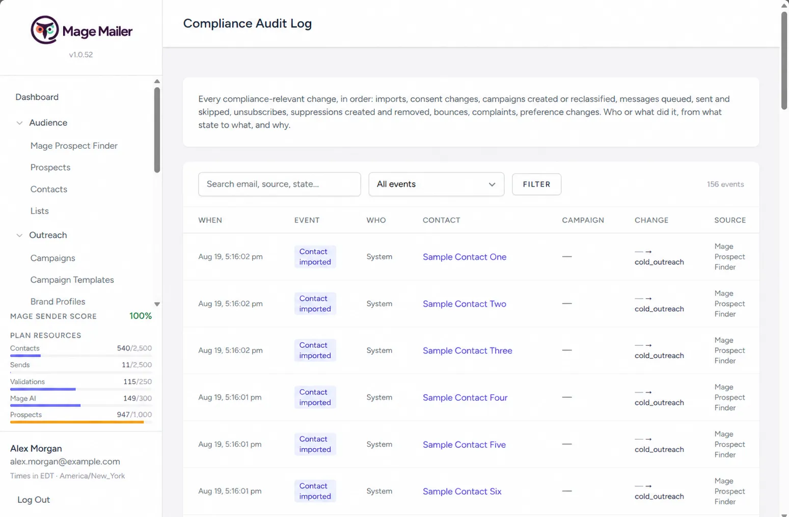 Filterable, searchable record of compliance events