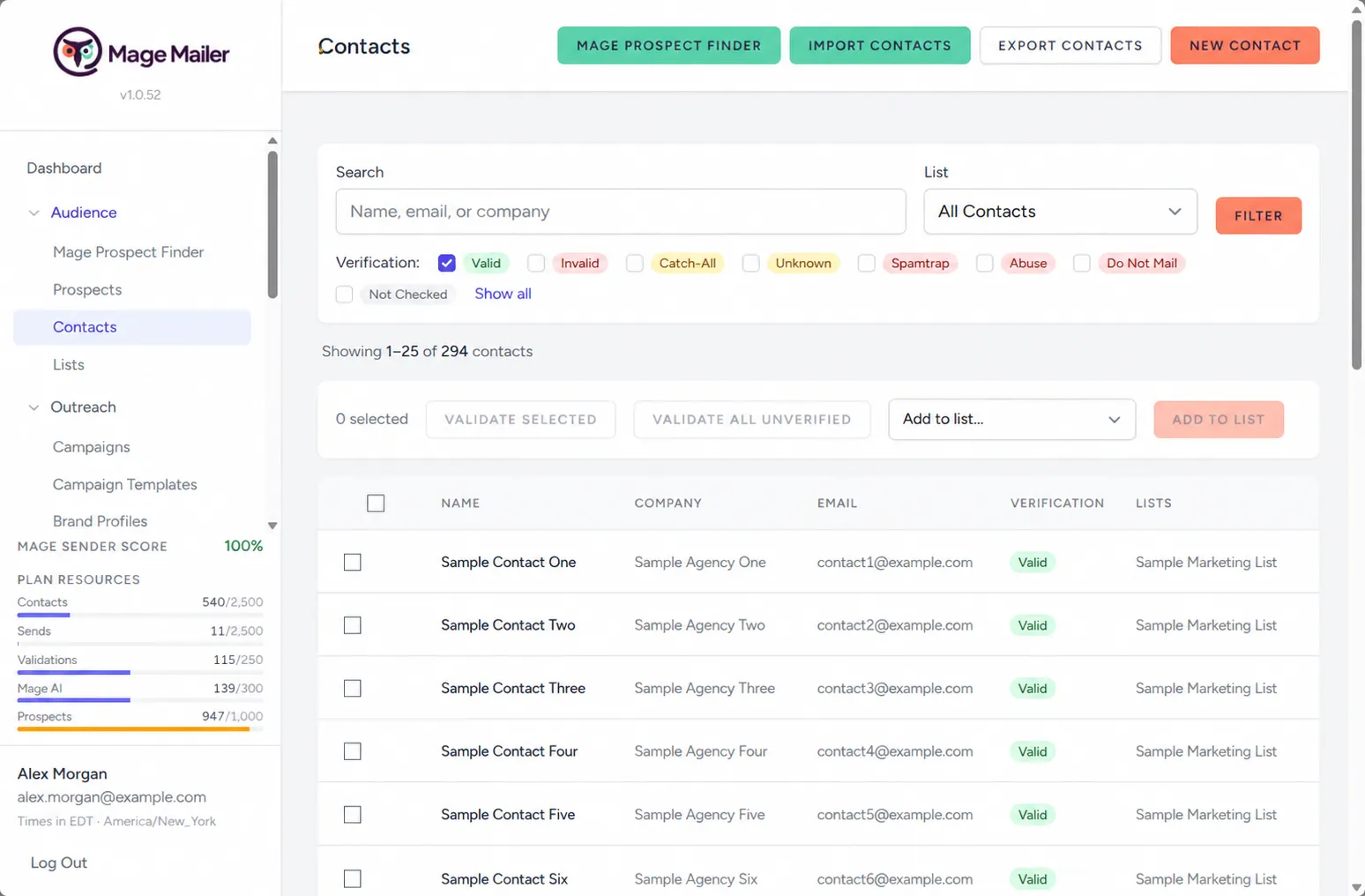 Contact detail with Prospect Finder data, AI research, and email history