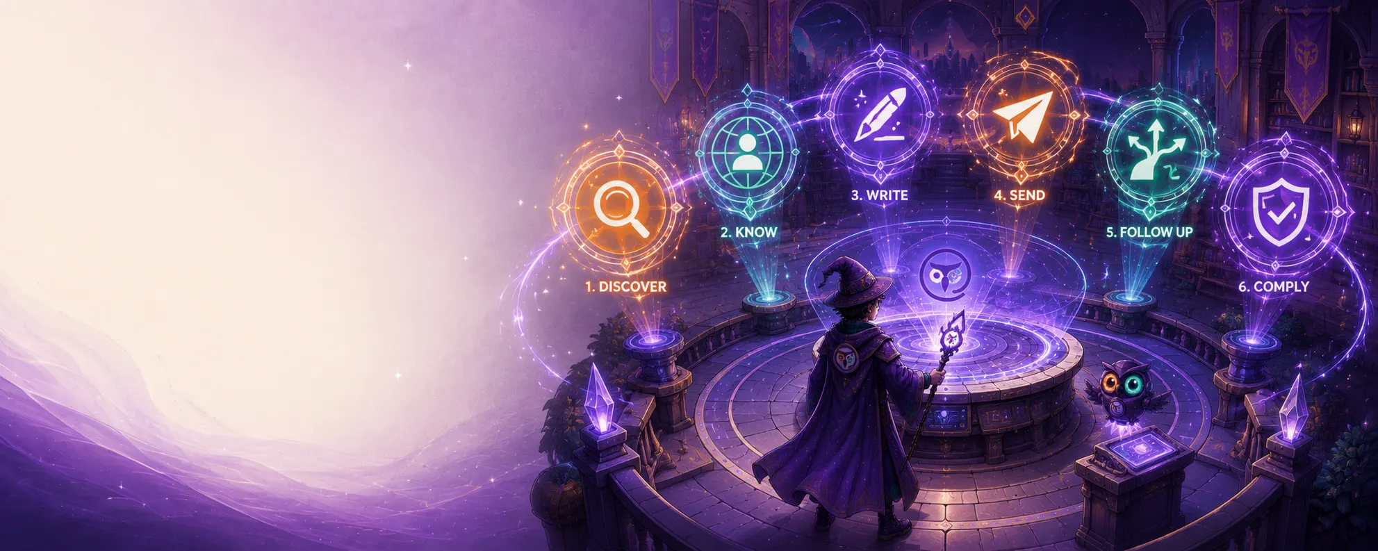 The six Mage Mailer workflow steps — Discover, Know, Write, Send, Follow Up, Comply — shown as glowing sigils
