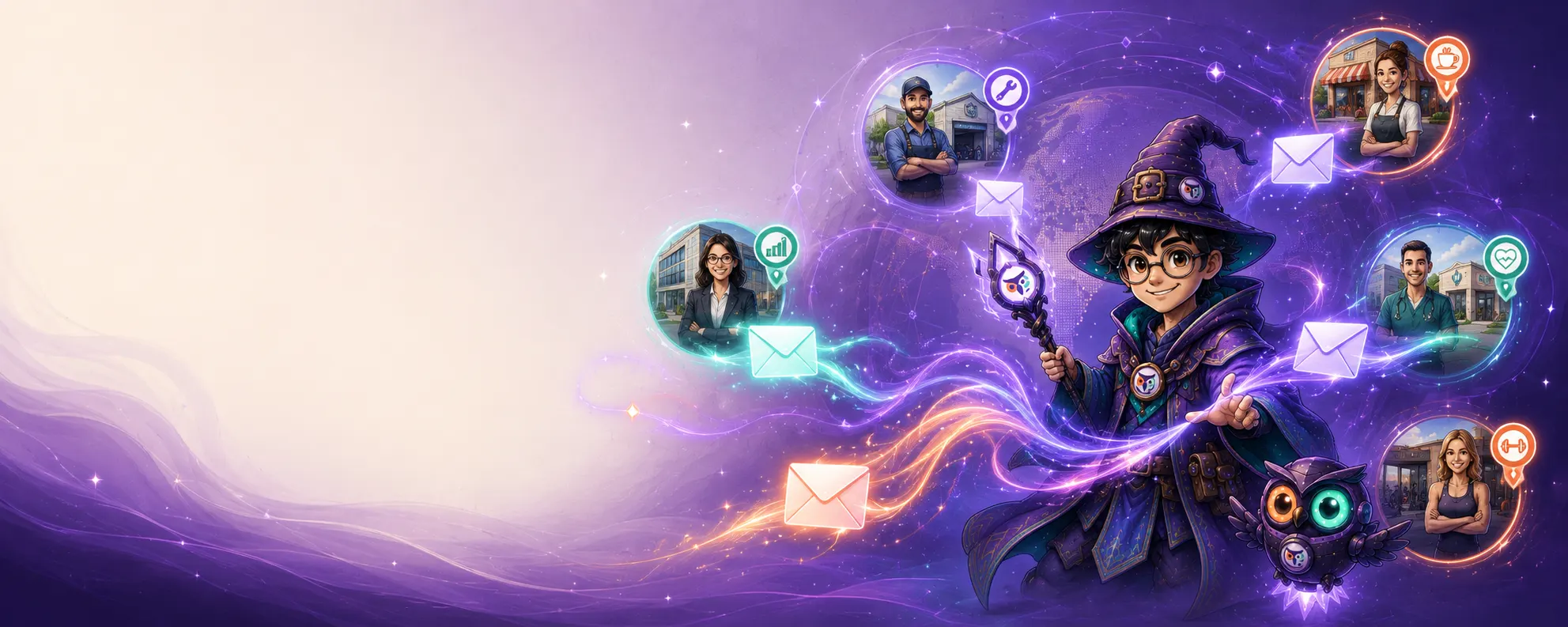 The Mage Mailer digital mage and owl sending personalized messages to real local businesses
