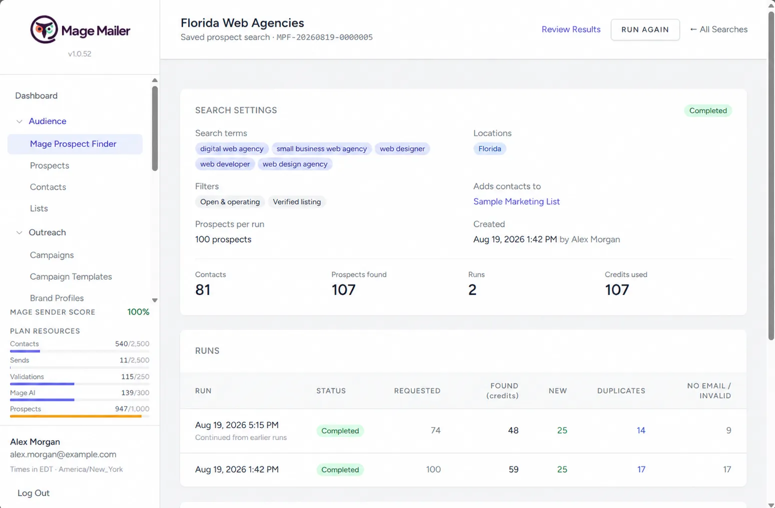 Prospect Finder search with saved searches and run history
