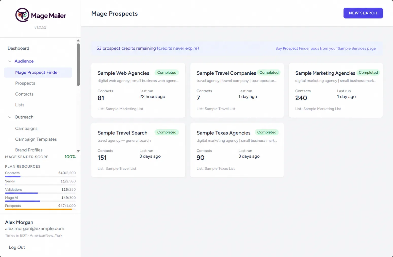 Saved search settings, run history, and Run again