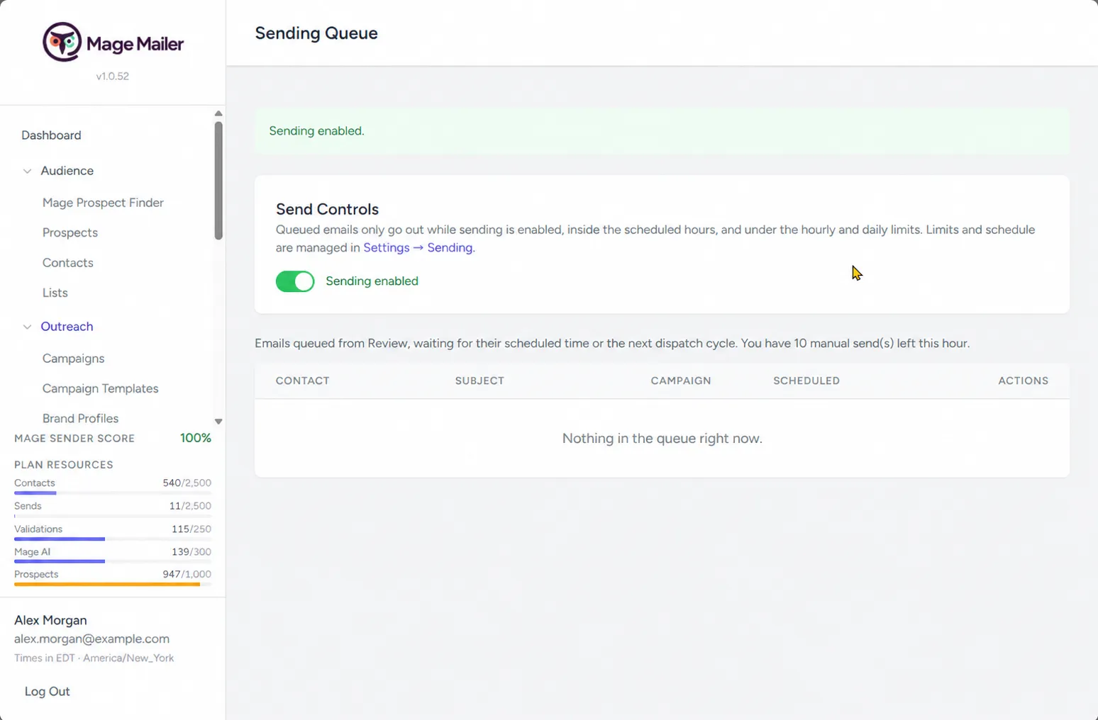 Sending Queue with scheduled times, pause, send now, and remove
